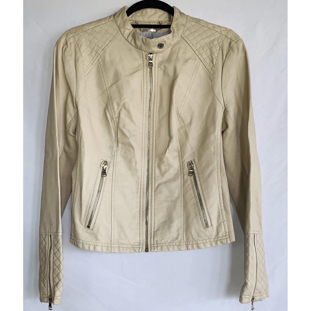 Marc New York Jacket Womens PL Beige Faux Leather Quilted Biker Moto Zip Petite
